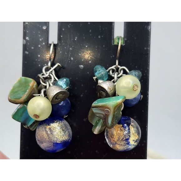 Blue Glass Bead &Abstract Blue Bead Dangle Earrings - Picture 1 of 2